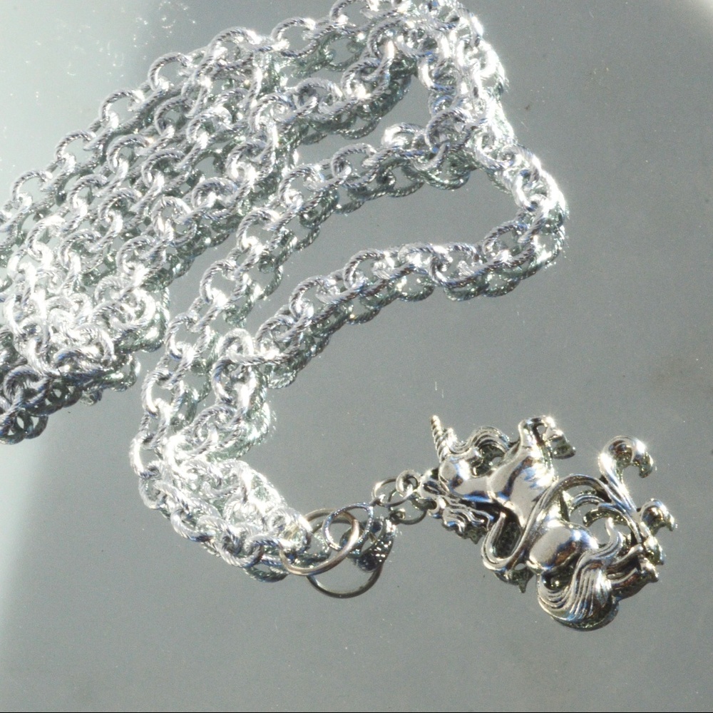 Silver Unicorn Pendant Cable Chain Necklace Long - Picture 4 of 6